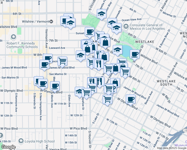 map of restaurants, bars, coffee shops, grocery stores, and more near 930 South Hoover Street in Los Angeles