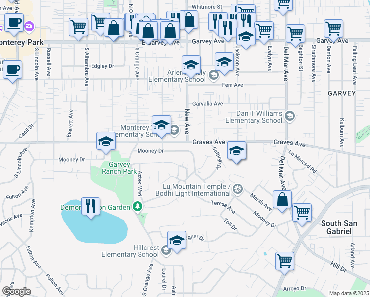 map of restaurants, bars, coffee shops, grocery stores, and more near 1021 Mooney Drive in Monterey Park