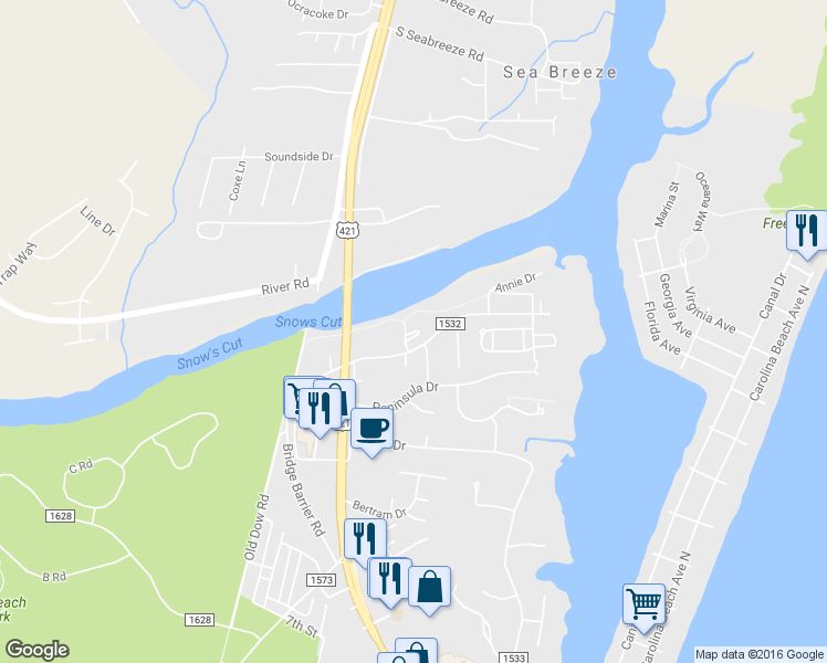 map of restaurants, bars, coffee shops, grocery stores, and more near 119 Bimini Townes Lane in Carolina Beach