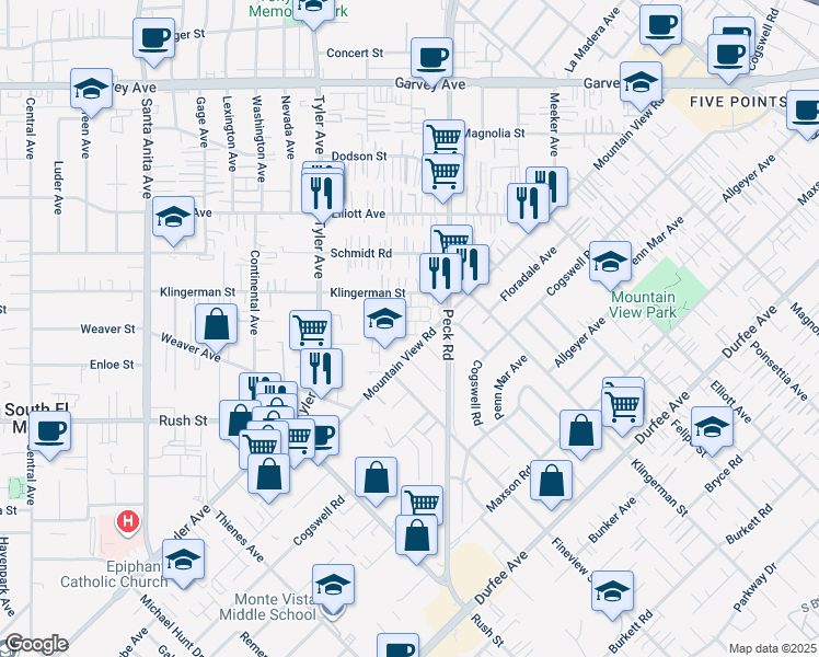 map of restaurants, bars, coffee shops, grocery stores, and more near 11154 Bonwood Road in El Monte