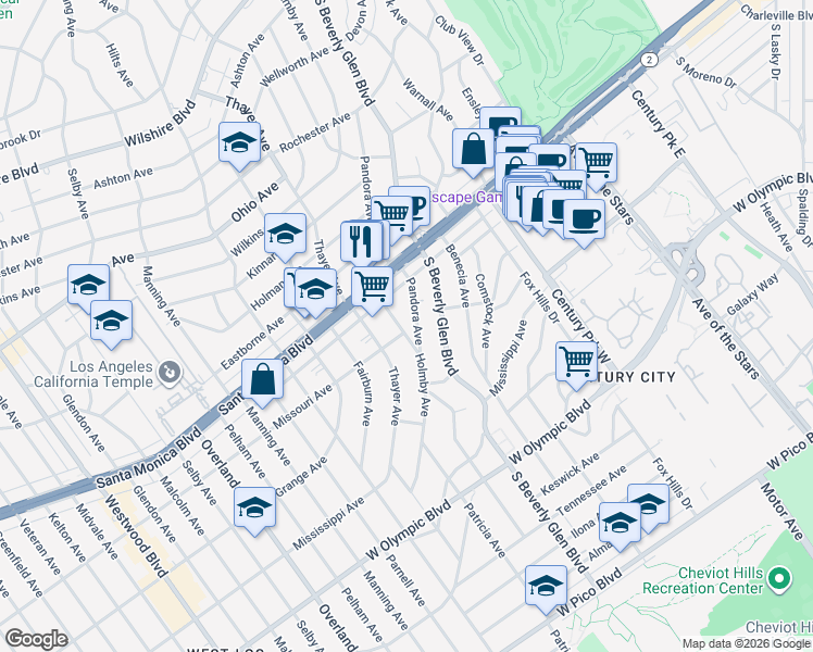 map of restaurants, bars, coffee shops, grocery stores, and more near 1851 Holmby Avenue in Los Angeles