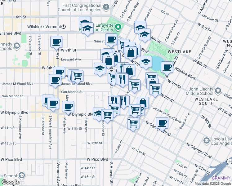 map of restaurants, bars, coffee shops, grocery stores, and more near 930 South Hoover Street in Los Angeles