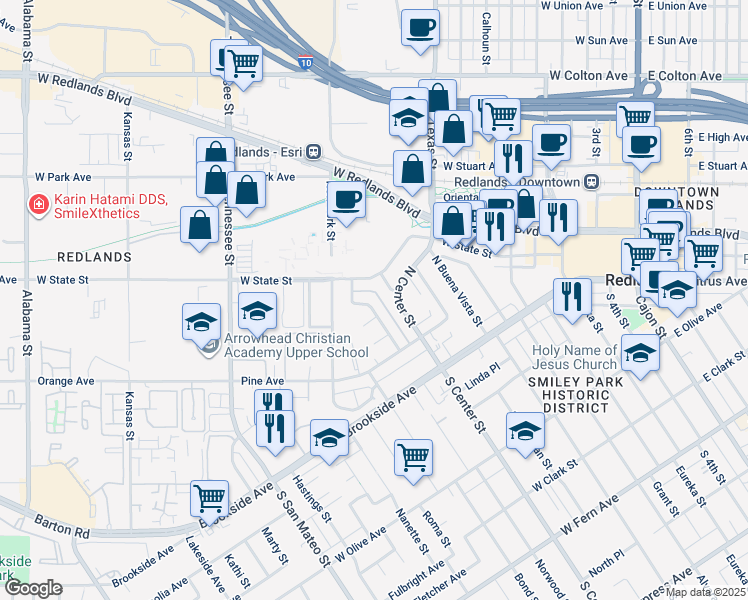 map of restaurants, bars, coffee shops, grocery stores, and more near 156 Tamarisk Street in Redlands