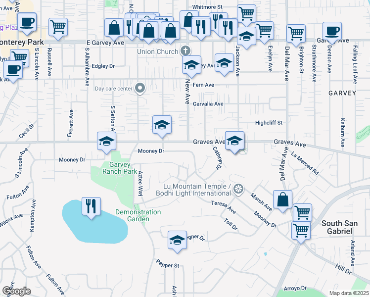 map of restaurants, bars, coffee shops, grocery stores, and more near 1021 Mooney Drive in Monterey Park