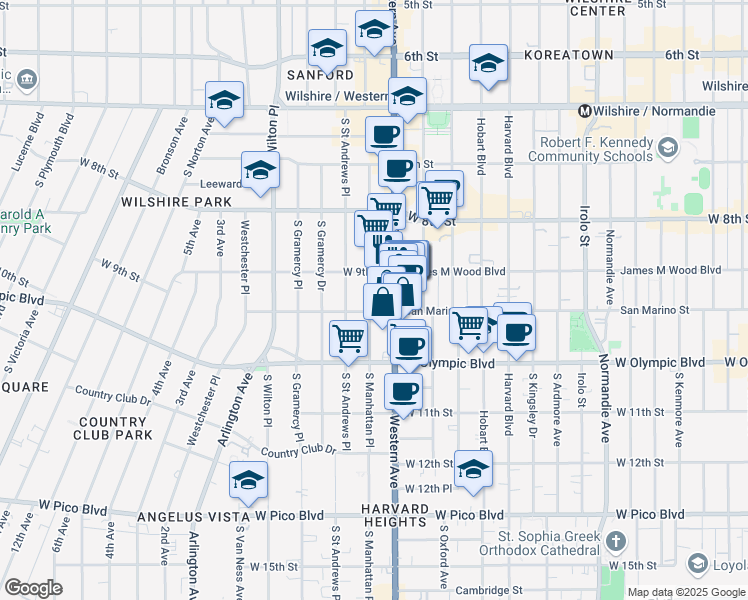 map of restaurants, bars, coffee shops, grocery stores, and more near 926 South Manhattan Place in Los Angeles