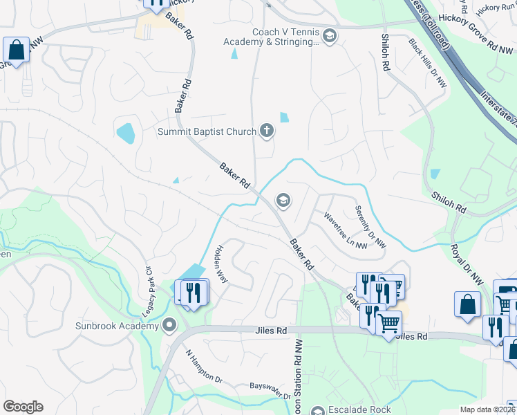 map of restaurants, bars, coffee shops, grocery stores, and more near 4175 Baker Station Court in Acworth