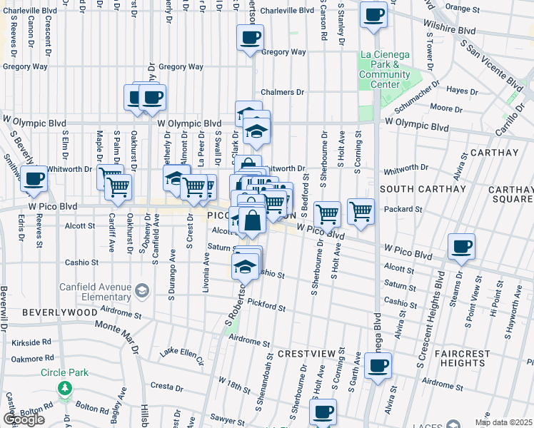 map of restaurants, bars, coffee shops, grocery stores, and more near 8760 West Pico Boulevard in Los Angeles