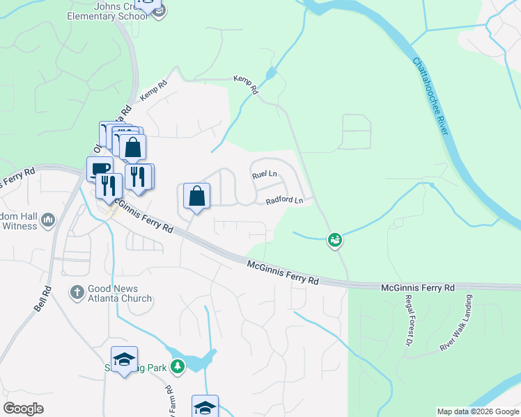 map of restaurants, bars, coffee shops, grocery stores, and more near 8330 Village Place in Suwanee