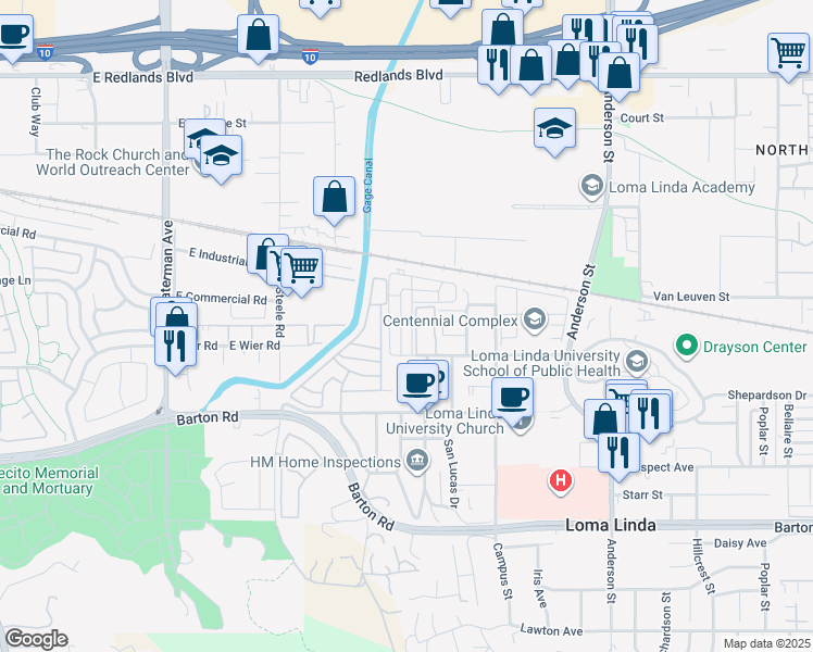 map of restaurants, bars, coffee shops, grocery stores, and more near 10955 Rincon Street in Loma Linda