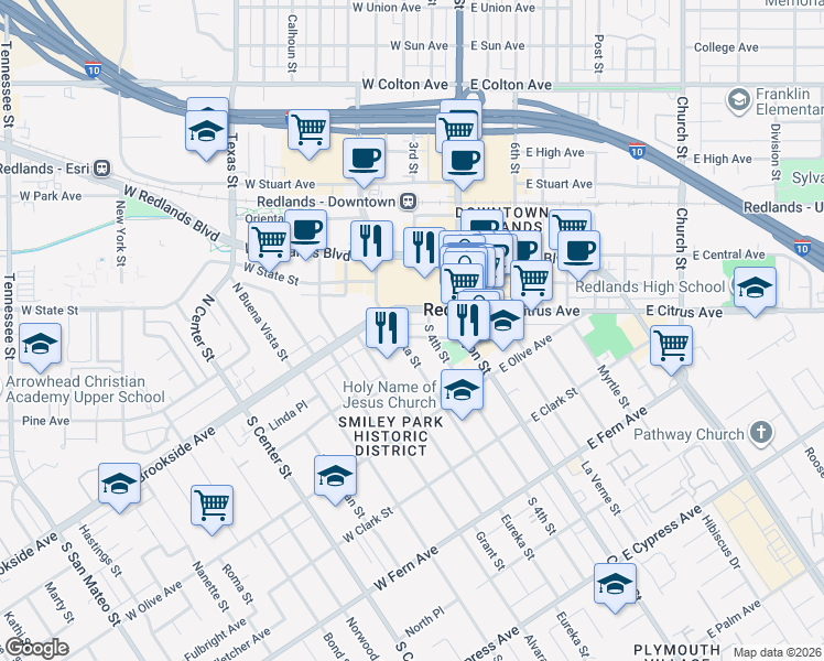 map of restaurants, bars, coffee shops, grocery stores, and more near 120 West Vine Street in Redlands
