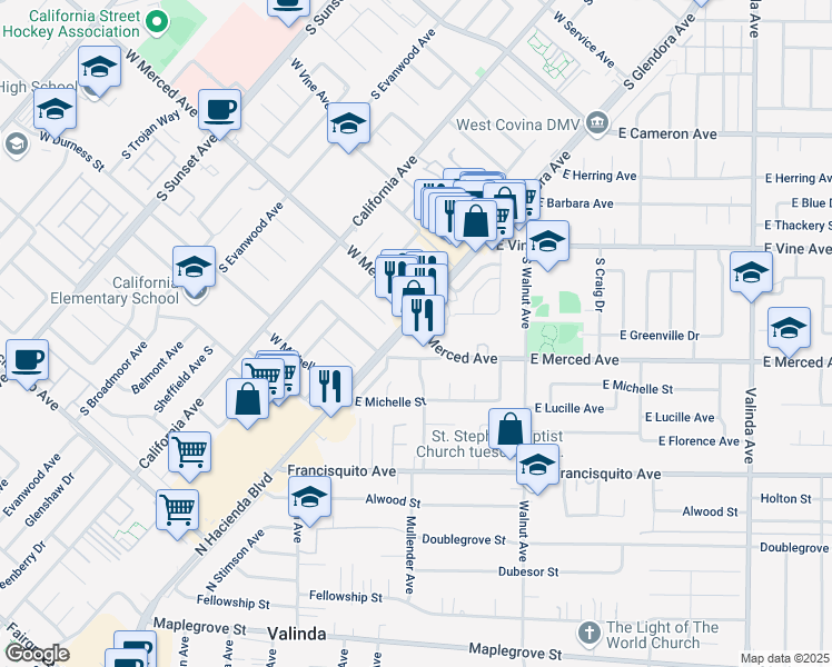 map of restaurants, bars, coffee shops, grocery stores, and more near 1222 South Glendora Avenue in West Covina