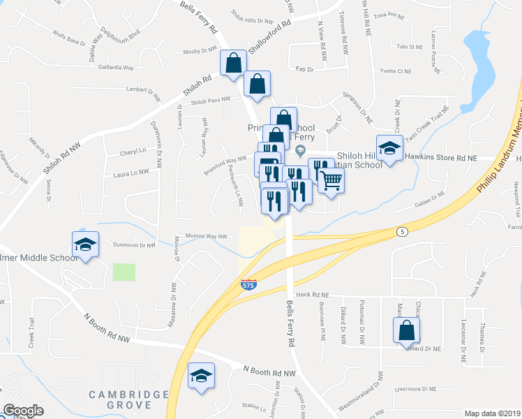map of restaurants, bars, coffee shops, grocery stores, and more near 412 Bottesford Drive Northwest in Kennesaw