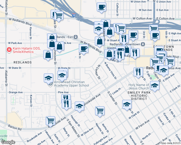 map of restaurants, bars, coffee shops, grocery stores, and more near 156 Tamarisk Street in Redlands