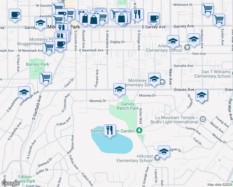 map of restaurants, bars, coffee shops, grocery stores, and more near 607 South Sefton Avenue in Monterey Park