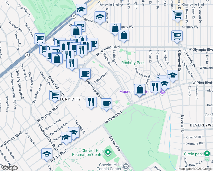 map of restaurants, bars, coffee shops, grocery stores, and more near 2327 Century Hill in Los Angeles
