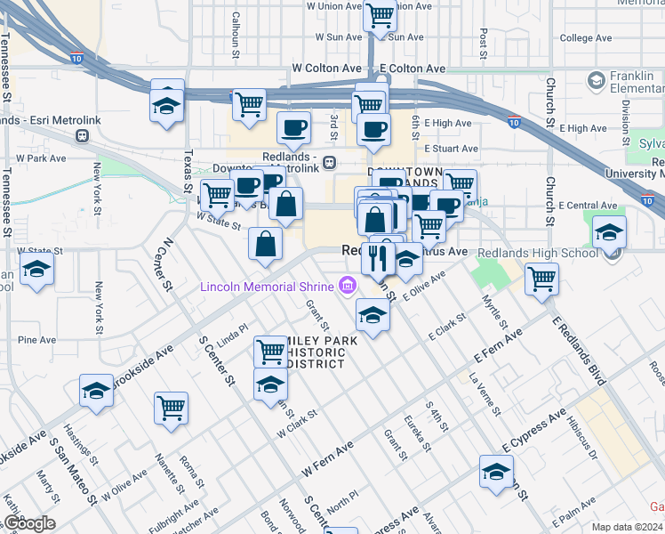 map of restaurants, bars, coffee shops, grocery stores, and more near 120 West Vine Street in Redlands