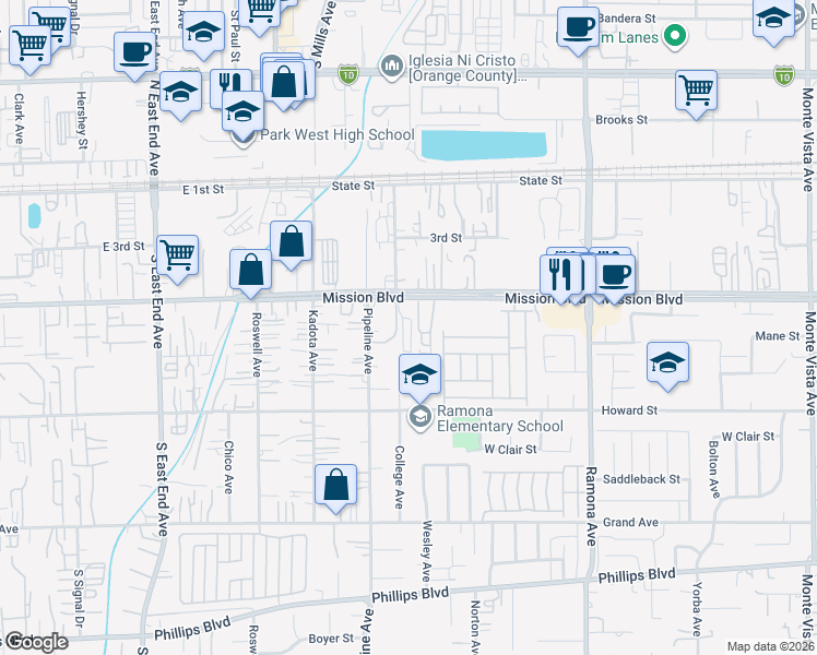 map of restaurants, bars, coffee shops, grocery stores, and more near 4161 Mission Boulevard in Montclair