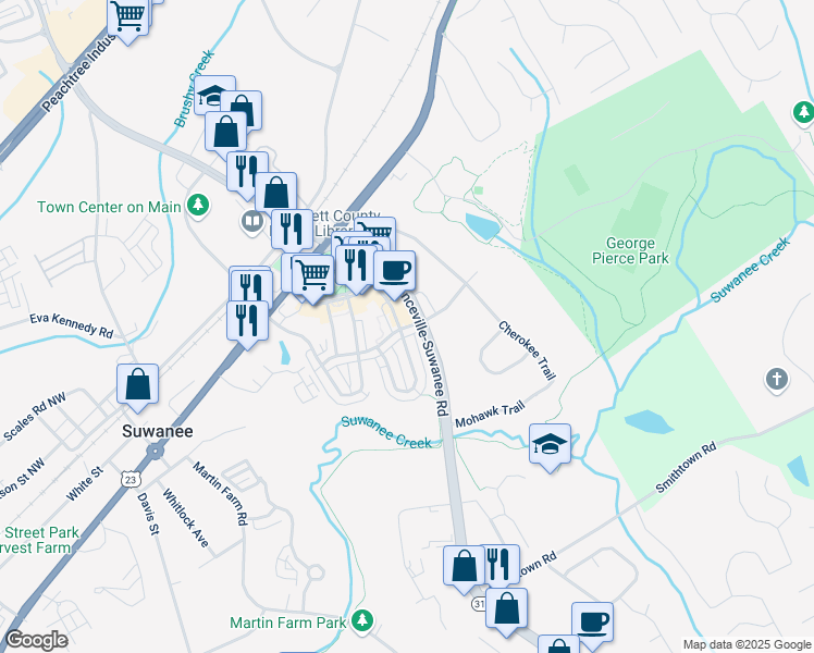 map of restaurants, bars, coffee shops, grocery stores, and more near 306 Suwanee Avenue in Suwanee