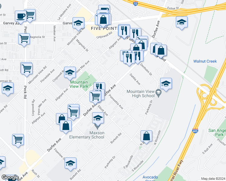 map of restaurants, bars, coffee shops, grocery stores, and more near 2724 Durfee Avenue in El Monte
