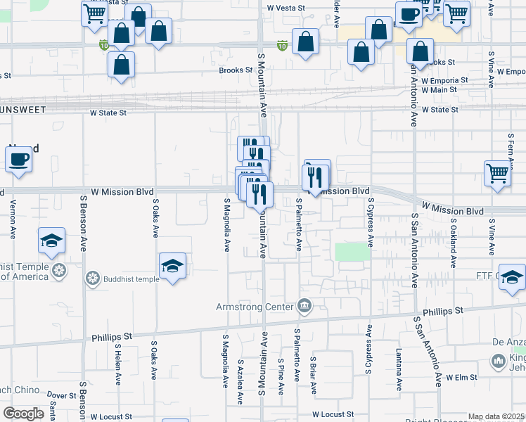 map of restaurants, bars, coffee shops, grocery stores, and more near 854 South Mountain Avenue in Ontario