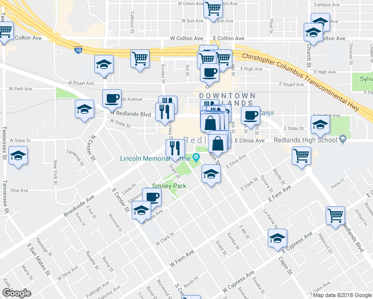 map of restaurants, bars, coffee shops, grocery stores, and more near 36 South Eureka Street in Redlands