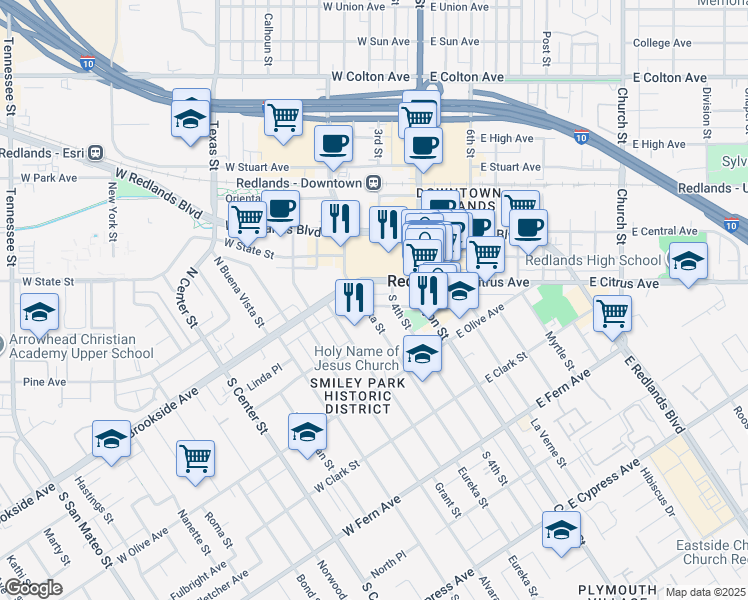 map of restaurants, bars, coffee shops, grocery stores, and more near 36 South Eureka Street in Redlands