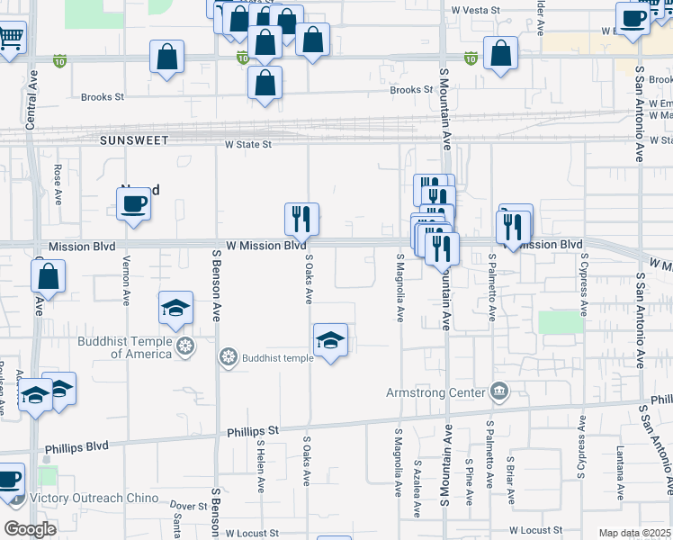 map of restaurants, bars, coffee shops, grocery stores, and more near 1309 West Mission Boulevard in Ontario