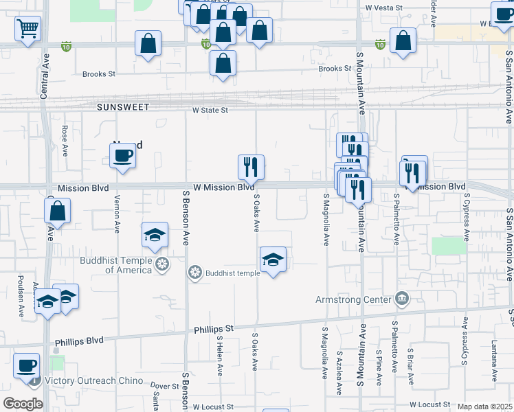 map of restaurants, bars, coffee shops, grocery stores, and more near 844 South Oaks Avenue in Ontario