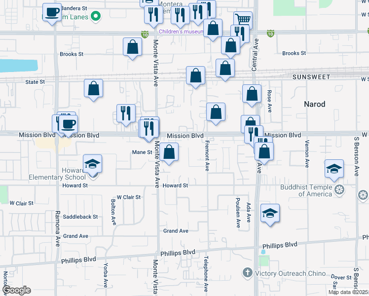 map of restaurants, bars, coffee shops, grocery stores, and more near 10970 Whitewater Avenue in Montclair