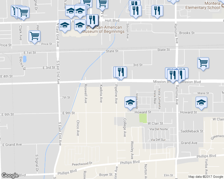 map of restaurants, bars, coffee shops, grocery stores, and more near 10990 Pipeline Avenue in Pomona