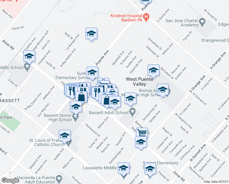 map of restaurants, bars, coffee shops, grocery stores, and more near 965 Willow Avenue in La Puente