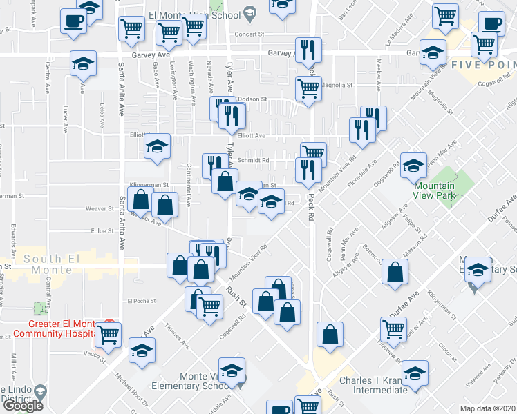 map of restaurants, bars, coffee shops, grocery stores, and more near 11112 Bonwood Road in El Monte