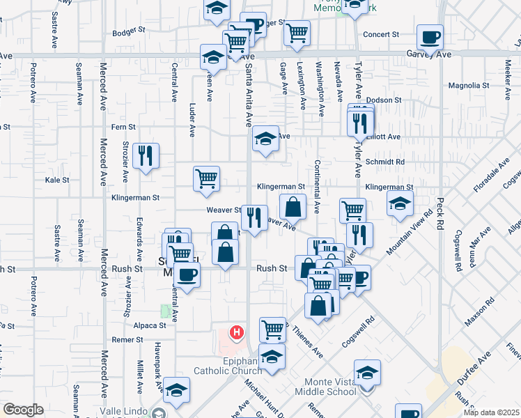map of restaurants, bars, coffee shops, grocery stores, and more near 2300 Granada Avenue in South El Monte