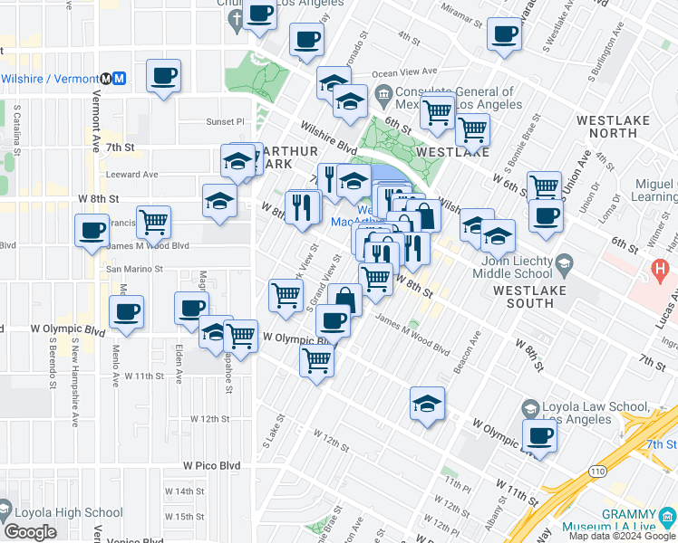 map of restaurants, bars, coffee shops, grocery stores, and more near 830 South Lake Street in Los Angeles