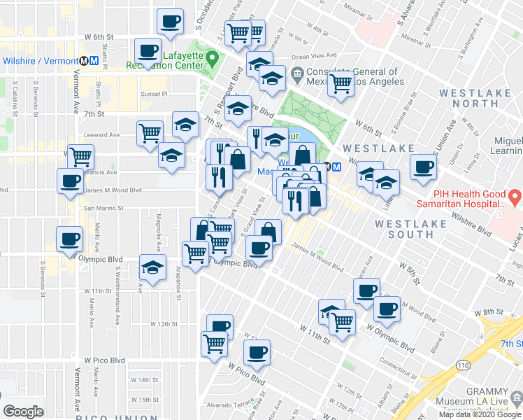 map of restaurants, bars, coffee shops, grocery stores, and more near 2301 James M Wood Boulevard in Los Angeles