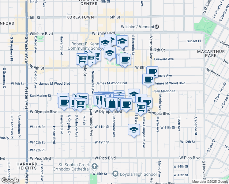 map of restaurants, bars, coffee shops, grocery stores, and more near 3096 San Marino Street in Los Angeles