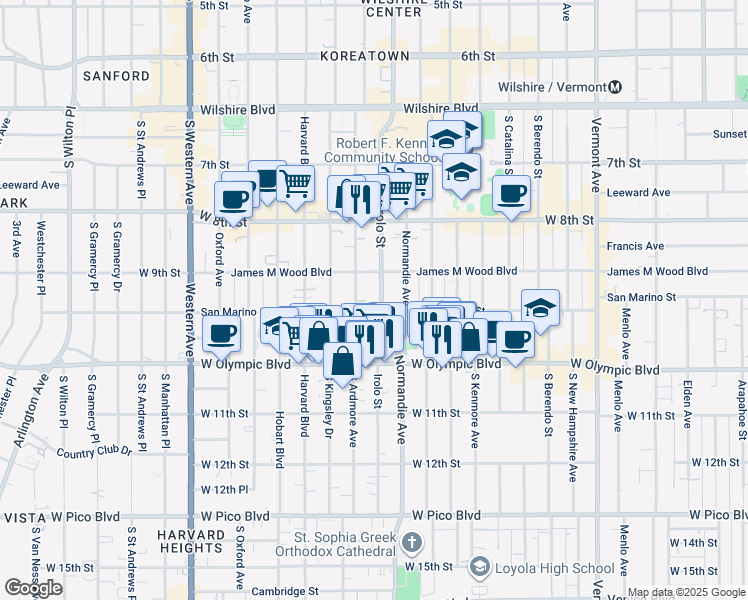 map of restaurants, bars, coffee shops, grocery stores, and more near 3215 San Marino Street in Los Angeles