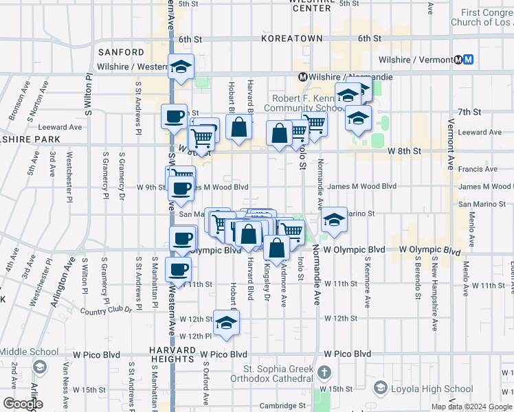 map of restaurants, bars, coffee shops, grocery stores, and more near 939 South Kingsley Drive in Los Angeles
