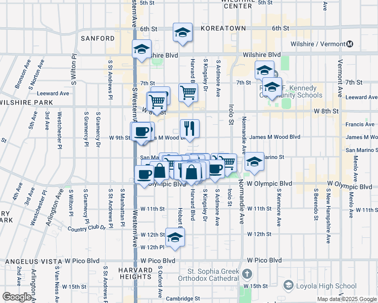 map of restaurants, bars, coffee shops, grocery stores, and more near 938 South Hobart Boulevard in Los Angeles