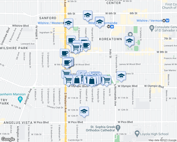 map of restaurants, bars, coffee shops, grocery stores, and more near 938 South Hobart Boulevard in Los Angeles
