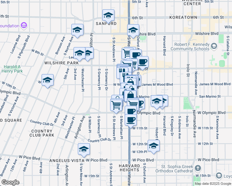 map of restaurants, bars, coffee shops, grocery stores, and more near 3571 San Marino Street in Los Angeles