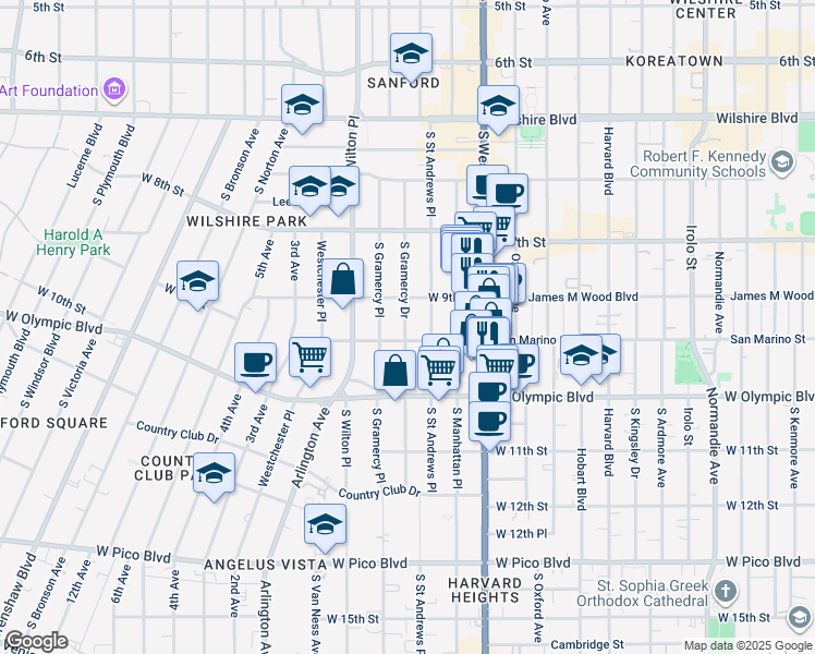 map of restaurants, bars, coffee shops, grocery stores, and more near 939 South Gramercy Place in Los Angeles