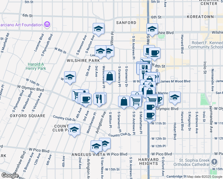 map of restaurants, bars, coffee shops, grocery stores, and more near 3717 San Marino Street in Los Angeles