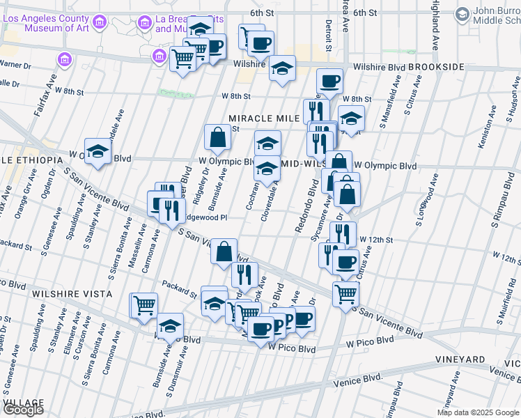 map of restaurants, bars, coffee shops, grocery stores, and more near 1136 South Cochran Avenue in Los Angeles