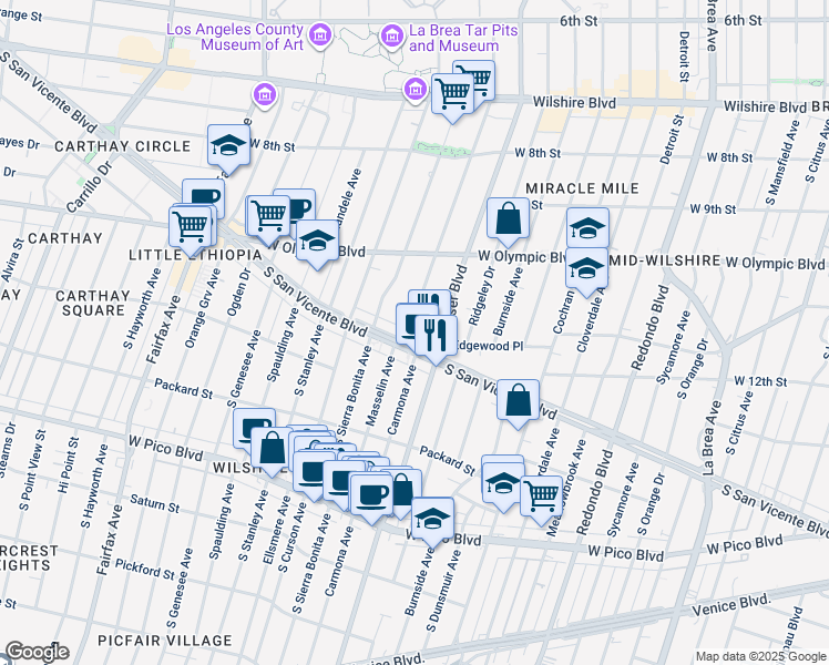 map of restaurants, bars, coffee shops, grocery stores, and more near 5669 West San Vicente Boulevard in Los Angeles