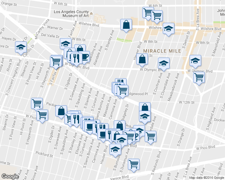 map of restaurants, bars, coffee shops, grocery stores, and more near 5669 West San Vicente Boulevard in Los Angeles