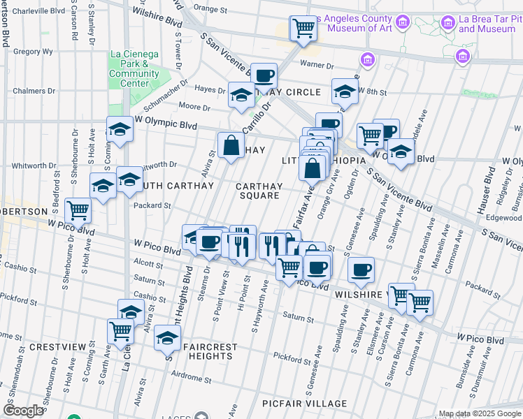 map of restaurants, bars, coffee shops, grocery stores, and more near 1161 Hi Point Street in Los Angeles