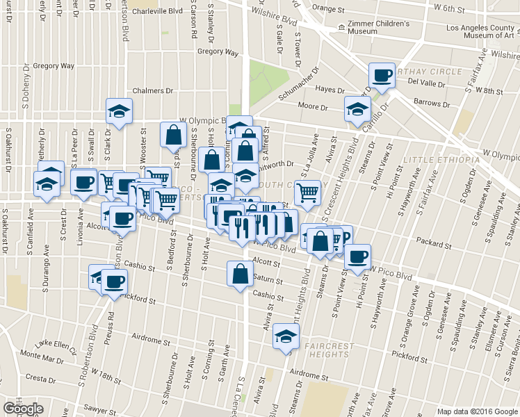 map of restaurants, bars, coffee shops, grocery stores, and more near 1215 South Alfred Street in Los Angeles