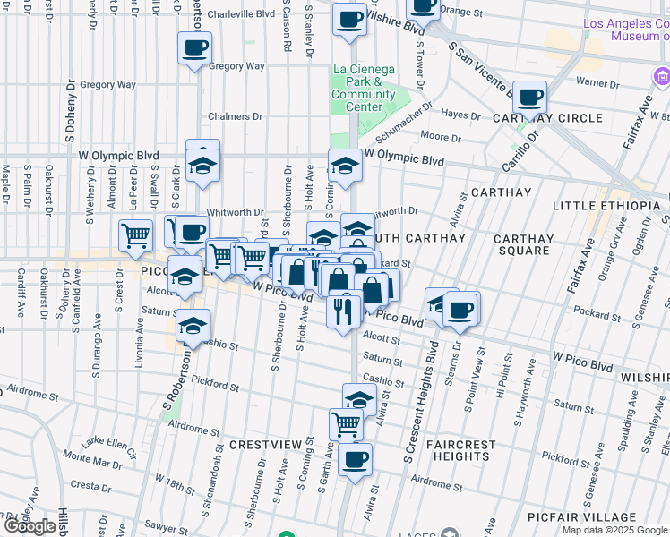 map of restaurants, bars, coffee shops, grocery stores, and more near 1240 South Corning Street in Los Angeles