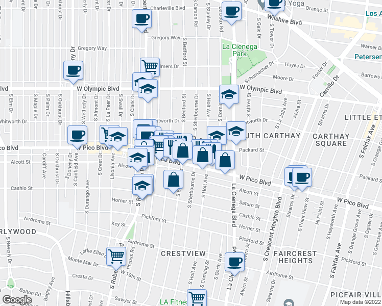 map of restaurants, bars, coffee shops, grocery stores, and more near 8647 West Pico Boulevard in Los Angeles
